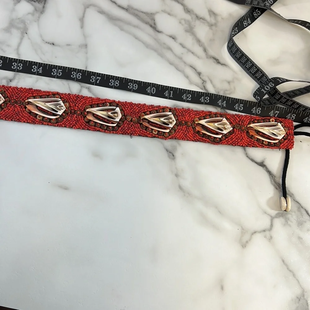 Vintage Coral Shell Beaded Belt Womens Size OS Large‎ Red Black African Mexican